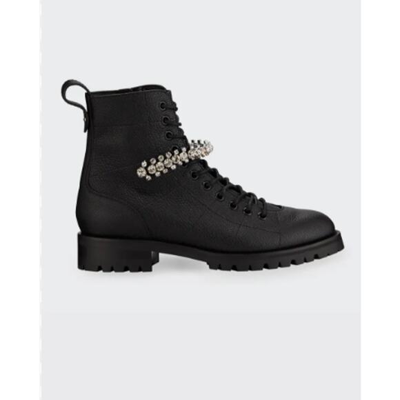 JIMMY CHOO Cruz Flat Black Grainy Leather Combat Boots with Crystal Detail - Picture 3 of 16